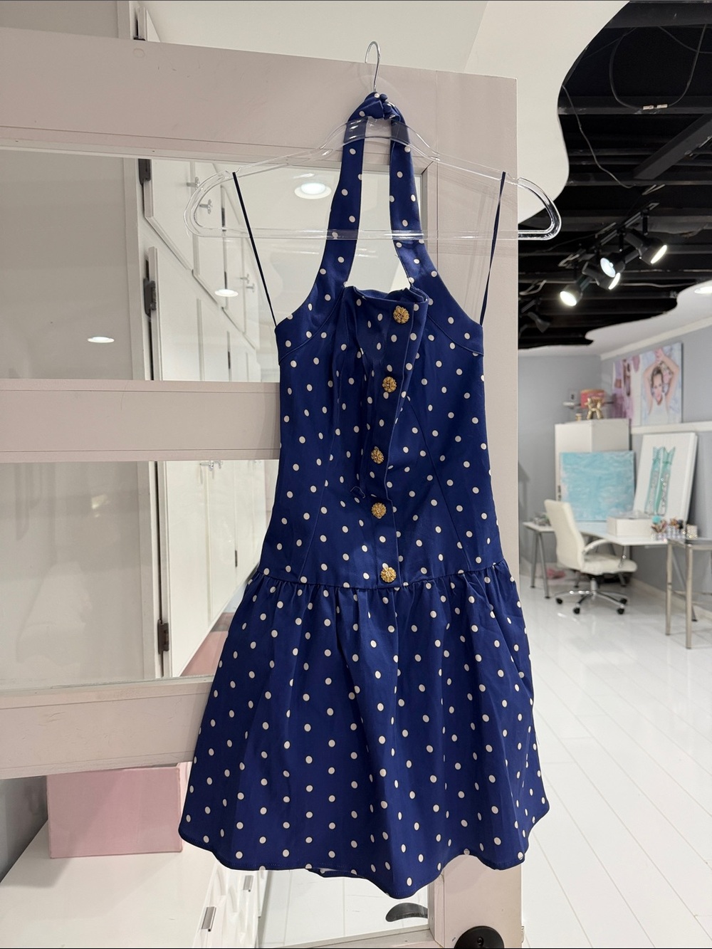 Vici Navy and White Polka Dot Halter Dress with Gold Buttons